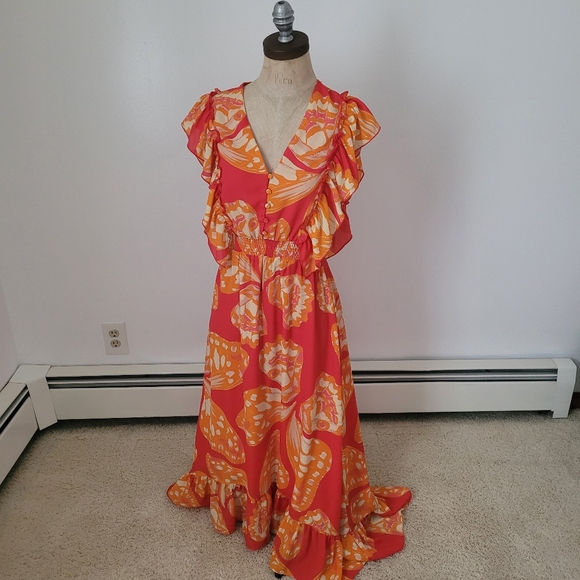 Sweet Lemon S Butterfly Print Ruffle Maxi Dress Deep Pink Orange Cottagecore - Picture 1 of 15